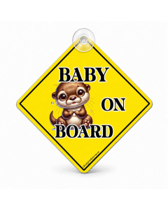 Baby on board hanging car sign with cute otter design, yellow diamond shape and suction cup