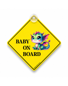 Baby On Board hanging car sign with colourful baby dragon artwork, yellow diamond design and suction cup