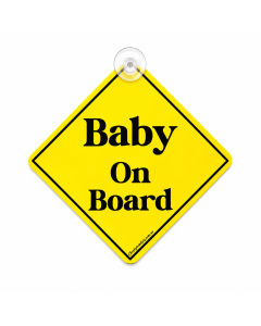Baby On Board yellow diamond hanging car sign with suction cup on white background