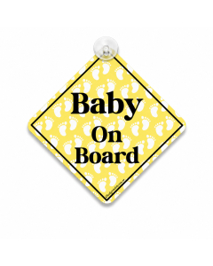 Baby On Board hanging car sign with yellow footprint design and suction cup on white background