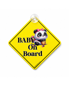 Cute panda baby on board hanging car sign with yellow diamond design and suction cup