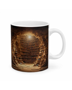 Book lover mug with 3D hidden library bookshelf design on a white ceramic mug