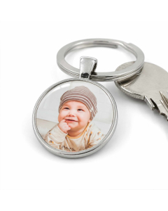 Custom baby photo keyring with 25mm round photo area on white background