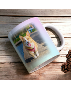 Custom pet photo mug with corgi image displayed on rustic wooden surface