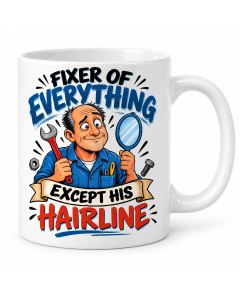 Funny fixer of everything except his hairline mug on white background