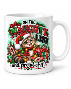 White Christmas cat mug with a mischievous tabby kitten in a Santa hat and Naughty List wording.