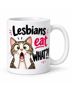 Funny Lesbians Eat What cat mug with shocked cartoon cat