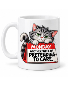 Funny Monday cat mug with “Another Week of Pretending to Care” design on a clean white background.