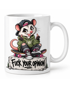 Rude Fuck Your Opinion skater girl mug shown on a clean white background.