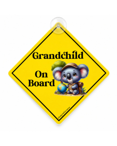Grandchild On Board hanging car sign with koala design on white background