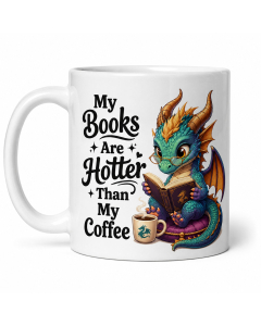 Funny book lover mug with reading dragon on white background