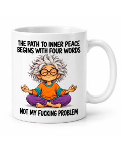Funny rude Not My F#cking Problem coffee mug with meditating woman design on a white background.