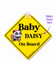 Personalised baby on board car sign with baby name Daisy and cute panda artwork on white background