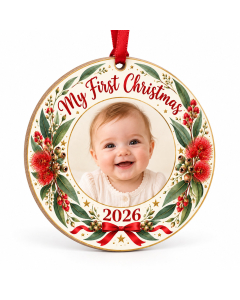 Personalised Baby's First Christmas photo ornament with Australian floral design