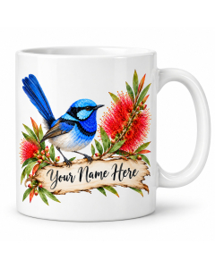Personalised Blue Wren mug with custom name and Australian bottlebrush flowers