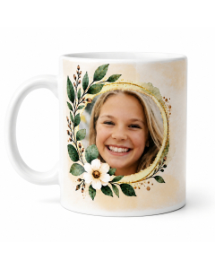 Personalised botanical photo mug with customer's photo in floral frame