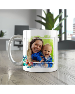 Personalised butterfly photo mug with family picture on office table