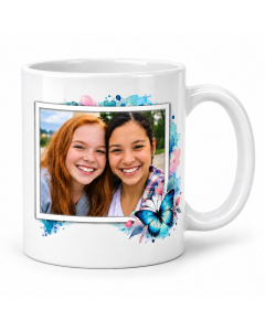 Personalised floral photo mug with customer photo and blue butterfly design