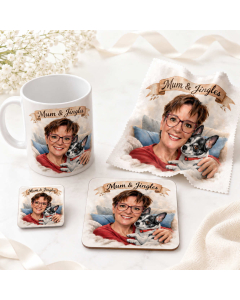 Personalised mum and dog gift set with mug, lens cloth, coaster and magnet on pale white background