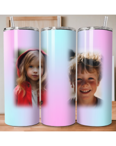 Personalised skinny tumbler photo wrap design shown in three tumbler mockup