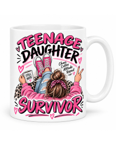 Teenage Daughter Survivor funny mum mug with pink and black design