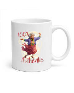 Funny 100% Authentic coffee mug with dancing older woman artwork on a white ceramic mug