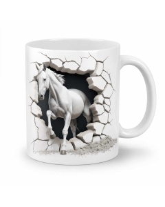 3D white horse mug with cracked wall design on a clean white background