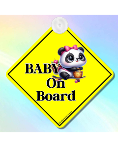 baby on board car sign with cute panda girl illustration