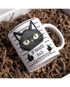 Funny black cat mugshot ceramic mug with bad cattitude text in gift box
