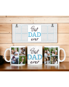 Personalised Best Dad Ever photo mug with family collage design and matching display plaque on wooden background