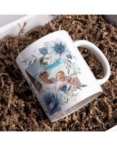 Blue floral butterfly mug design in gift box filler