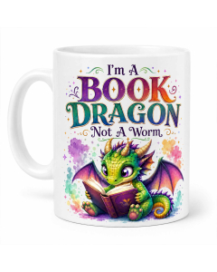 Book lover mug featuring “I’m A Book Dragon Not A Worm” with a cute green dragon reading a book