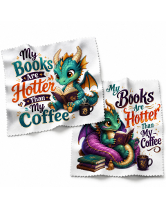 Book lover lens cloth 2 pack with cute dragon reading designs and “My Books Are Hotter Than My Coffee” quote