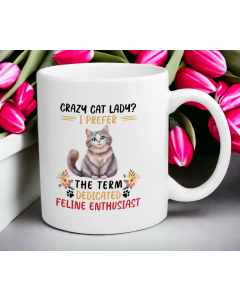 Crazy cat lady dedicated feline enthusiast funny white ceramic mug with pink tulips background