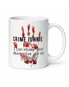 White ceramic Crime Junkie mug with funny dark humour design on plain background