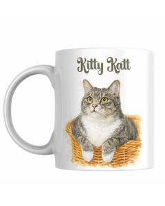 Personalised watercolour cat portrait mug with name Kitty Katt