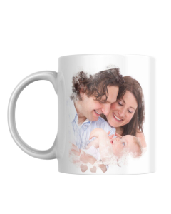 Custom family photo mug with parents and baby image on white background