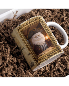 Custom pirate pet portrait mug featuring regal nautical captain design