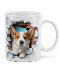 Cute corgi mug with 3D-look broken brick wall puppy design on a white ceramic coffee mug
