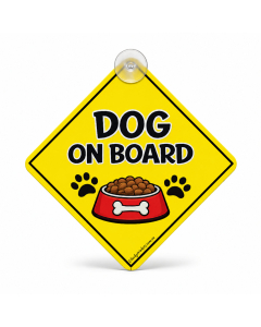 Dog On Board hanging car sign with yellow diamond design, paw prints, dog bowl artwork and suction cup
