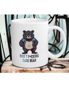 Don’t Fcking Care Bear funny white ceramic mug with grumpy bear design on artistic background