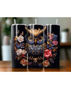 Elegant Floral Owl 20oz Skinny Tumbler – Gold & Blue Design