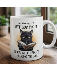 Funny Black Cat Reading Mug – Let God Fix It Coffee Cup