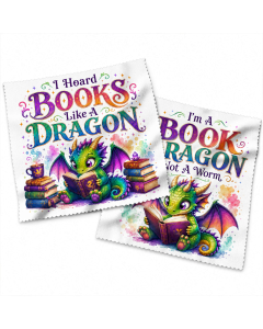 Funny book lover lens cloth 2 pack with colourful book dragon reading designs
