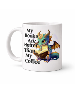 Funny book lover mug with reading dragon on white background