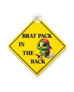 Funny Brat Pack In The Back baby on board car sign with yellow diamond design and turtle artwork