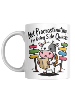 Funny side quests cow mug with Not Procrastinating design on a clean white background.