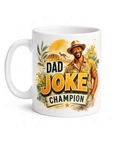 Funny Dad Joke Champion mug on white background with bold yellow Australian outback-inspired design.