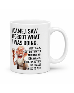 Funny forgetful quote mug with illustrated old man character on white ceramic coffee mug