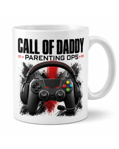 Funny gamer dad mug with Call of Daddy Parenting Ops design on a white ceramic coffee mug
